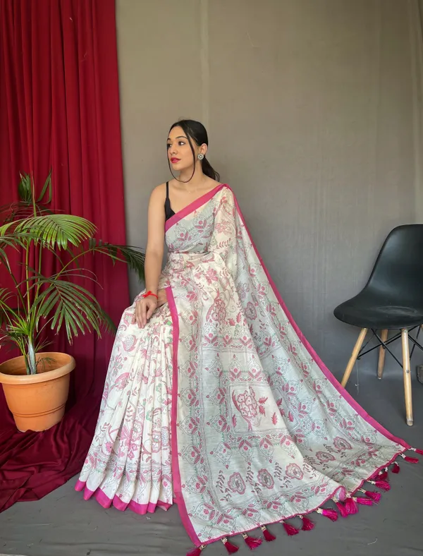 white_&_Pink_Pure_Malai_Cotton_Sarees_With_Katha_Print_Work_With_Blouse_Piece_Attached